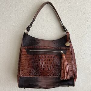 Brahmin Large Croc Embossed Leather Bag Tassel Handbag Shoulder Purse HOBO